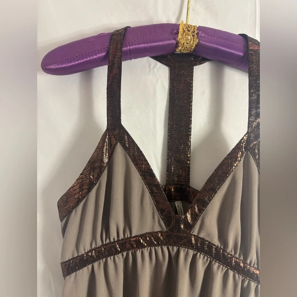 Brown Babydoll Empire Waist Metallic Copper High‎ Lo Boho Mini Dress Size M